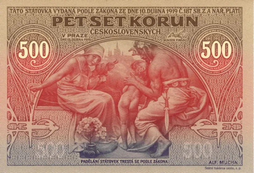 Replika pětisetkorunové bankovky dle návrhu Alfonse Muchy | emise 2020