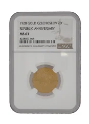 Złoty medal 2 dukaty 10-lecie Republiki Czeskiej Jestem wybity z czeskiego metalu | 1928 | NGC | MS 63