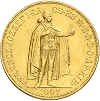 Zlatá mince 100 Korona Františka Josefa I. | Uherská ražba | 1908
