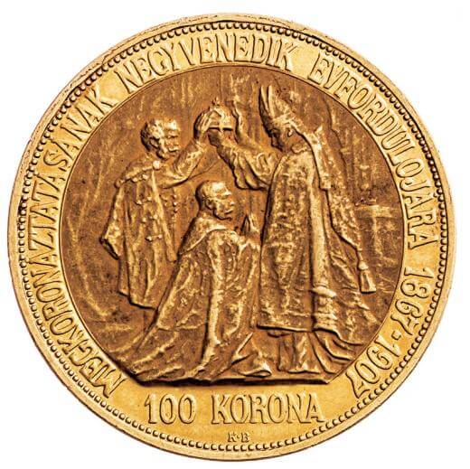 Gold coin 100 Corona Franz-Joseph I. | Hungarian mintage | 1907 | Coronation | 40 years since the coronation