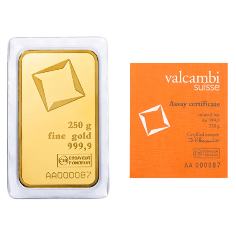 250g investičná zlatá tehlička | Valcambi | Razený