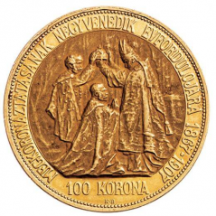 Zlatá mince 100 Korona Františka Josefa I. | Uherská ražba | 1907 | Korunovační | 40 let od korunovace